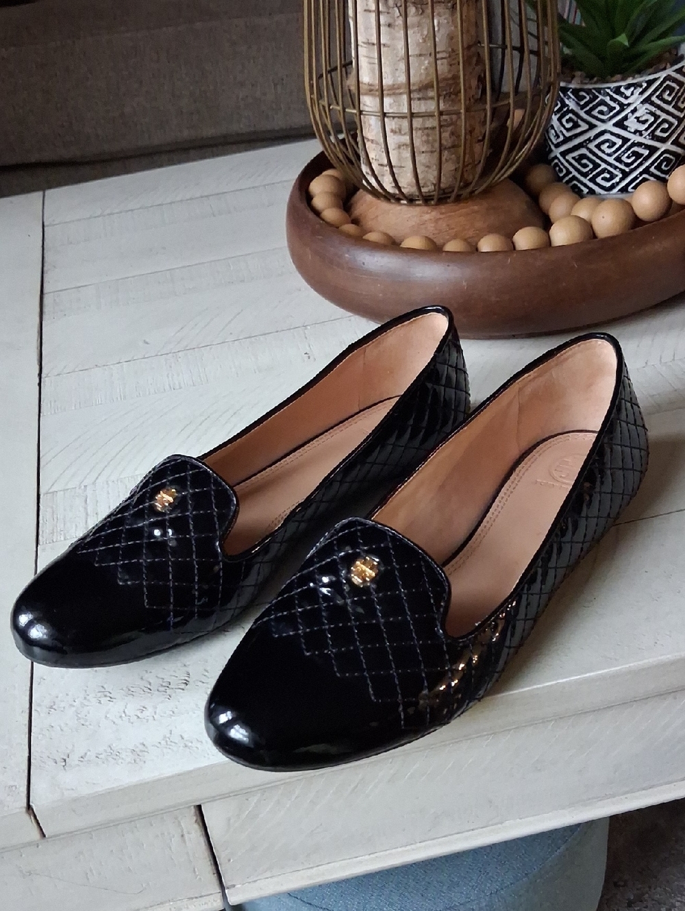Tory Burch Black Quilted Patent Leather Loafers with Gold Accent